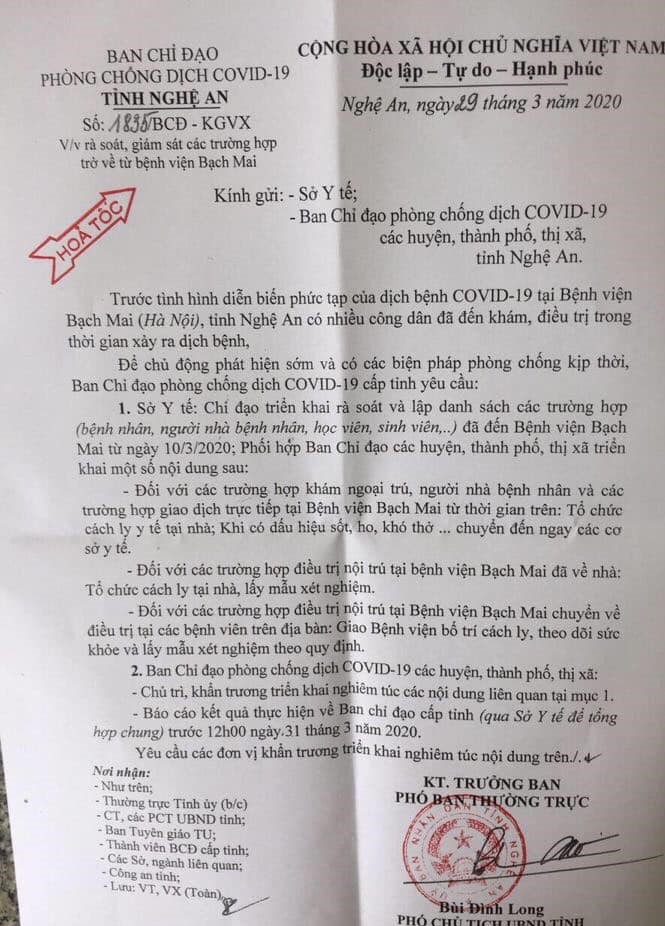 Văn bản hỏa tốc của Ban chỉ đạo phòng chống dịch Covid-19 Nghệ An trong ngày 29/3/2020
