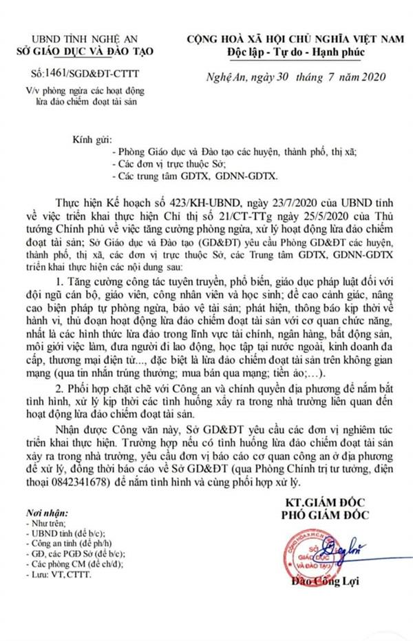 Công văn của Sở GD &ĐT Nghệ An về công tác phòng ngừa các hoạt động lừa đảo chiếm đoạt tài sản