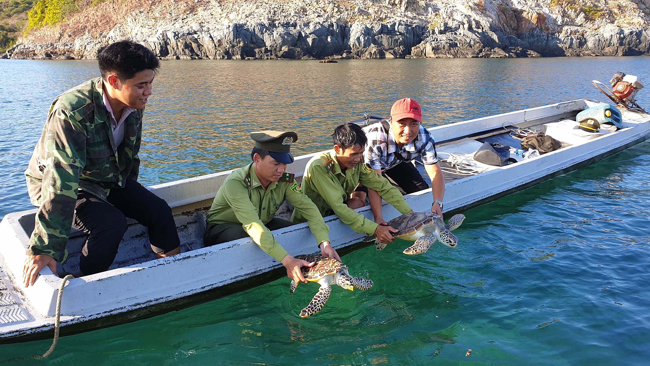Lực lượng kiểm lâm Vườn Quốc gia Côn Đảo thả 2 cá thể rùa quý hiếm về tự nhiên tại khu vực biển Vịnh Đầm Tre.