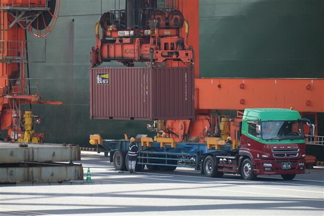 Bốc dỡ container hàng hóa tại cảng ở Tokyo, Nhật Bản.