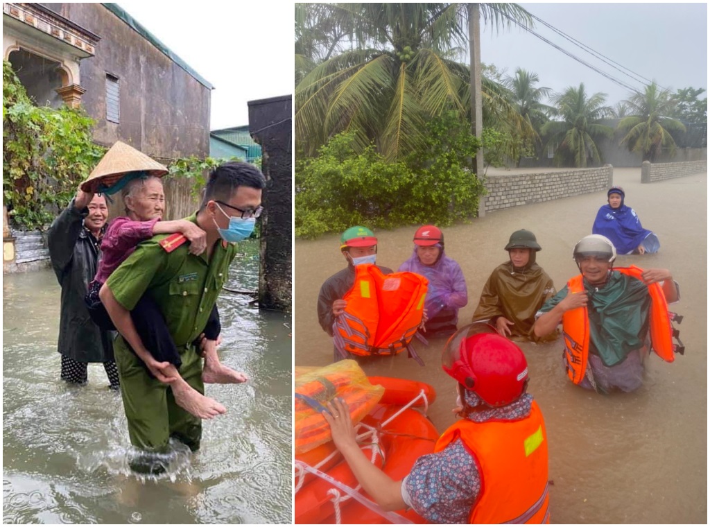 Lực lượng Công an kịp thời hỗ trợ người dân trên địa bàn huyện Quỳnh Lưu ra khỏi vùng có nguy cơ ngập lụt