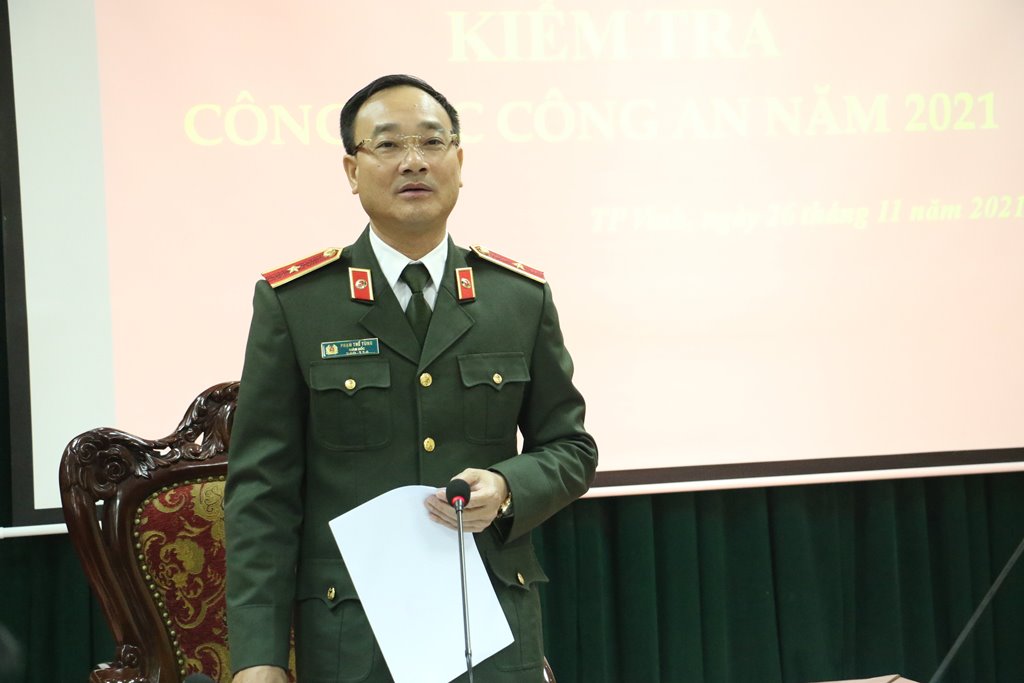Đồng chí Thiếu tướng Phạm Thế Tùng, Ủy viên Ban Thường vụ Tỉnh ủy, Bí thư Đảng ủy, Giám đốc Công an tỉnh, Trưởng đoàn kiểm tra phát biểu chỉ đạo