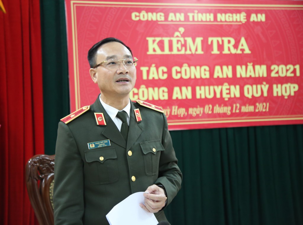 Đồng chí Thiếu tướng Phạm Thế Tùng, Ủy viên Ban Thường vụ Tỉnh ủy, Bí thư Đảng ủy, Giám đốc Công an tỉnh, Trưởng đoàn kiểm tra phát biểu chỉ đạo