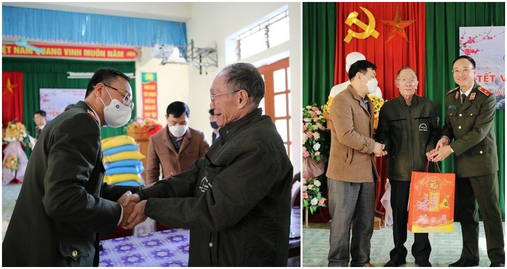 Đồng chí Thiếu tướng Phạm Thế Tùng, Giám đốc Công an tỉnh ân cần hỏi thăm và tặng quà gia đình chính sách tại xã Hữu Kiệm, huyện Kỳ Sơn