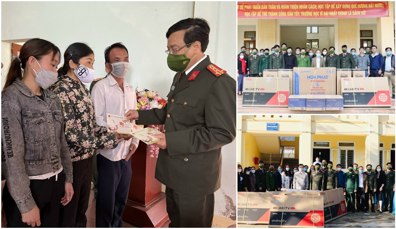 Đồng chí Đại tá Hồ Văn Tứ, Phó Giám đốc Công an tỉnh cùng Đoàn công tác tặng quà tại Trường Phổ thông dân tộc bán trú THCS Thông Thụ, Trường tiểu học Thông Thụ 2, huyện Quế Phong và người dân có hoàn cảnh khó khăn tại huyện Quỳ Châu. Ảnh: Đức Vũ