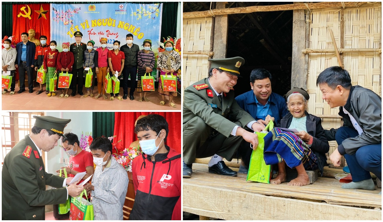 Đồng chí Đại tá Lê Văn Thái, Phó Giám đốc Công an tỉnh trao quà cho các hộ nghèo tại xã Hữu Khuông. Ảnh: Xuân Bắc