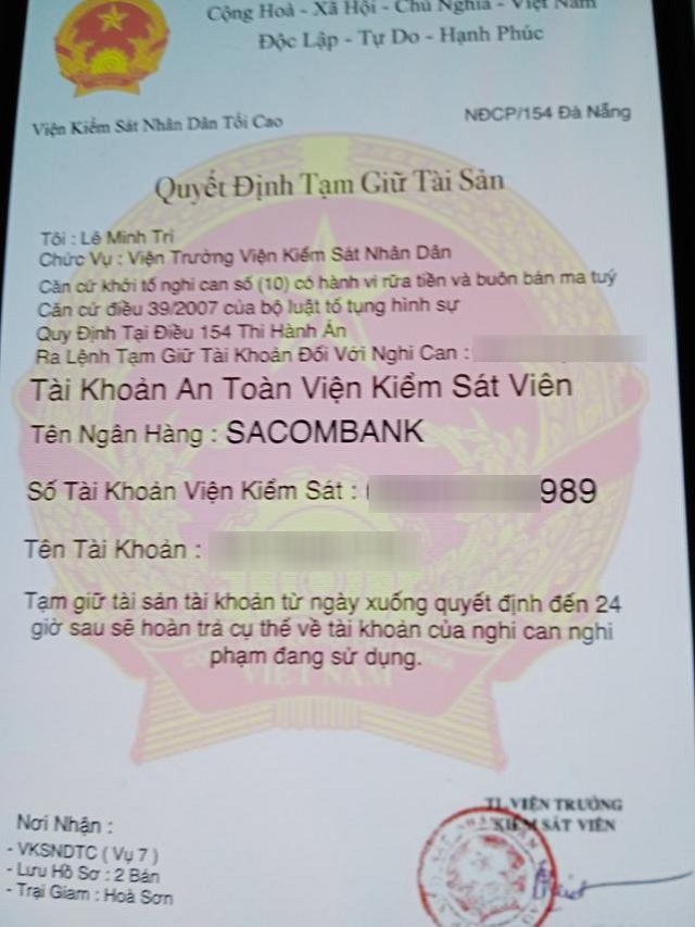 Lệnh bắt tạm giam, Quyết định tạm giữ tài sản mà các đối tượng lừa đảo gửi cho nạn nhân