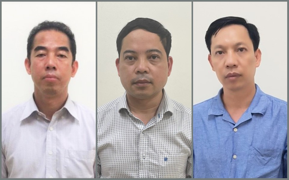Các bị can: Tô Anh Dũng, Phạm Trung Kiên và Vũ Anh Tuấn (từ trái qua phải)