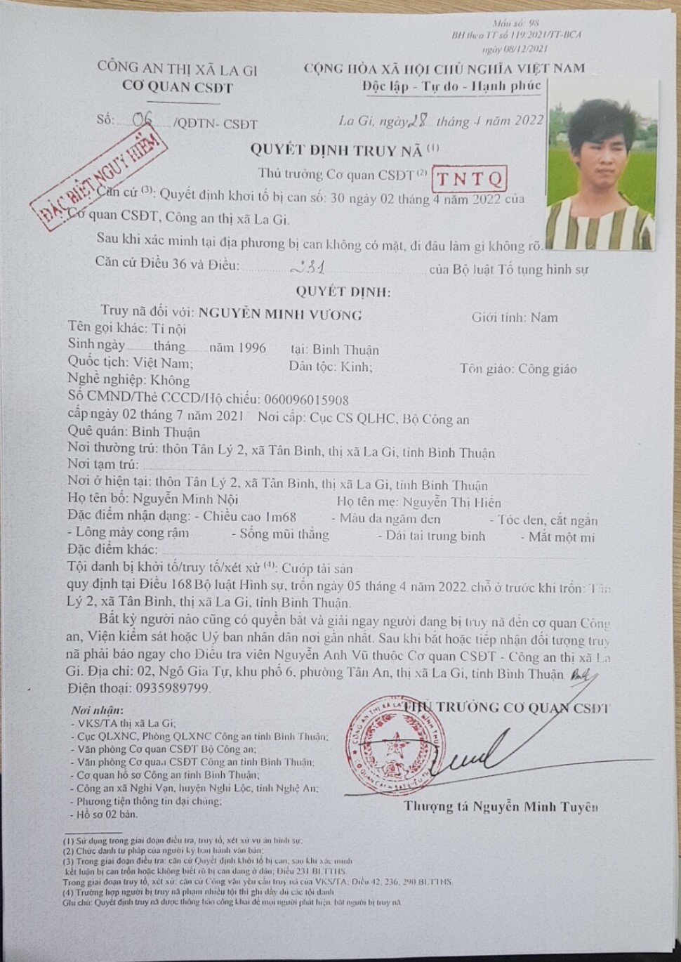 Quyết định truy nã đối tượng đặc biệt nguy hiểm Nguyễn Minh Vương