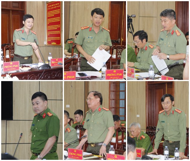 Các đồng chí lãnh đạo các phòng nghiệp vụ Công an tỉnh phát biểu tại buổi làm việc