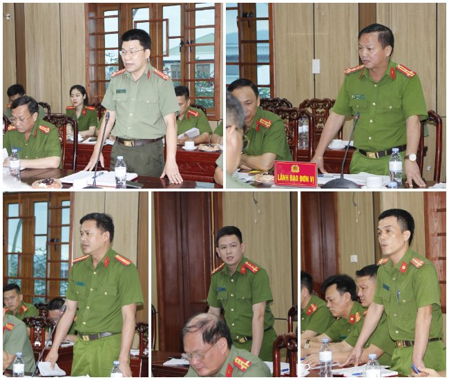 Các đại biểu tại Công an huyện Nghi Lộc phát biểu tại buổi làm việc