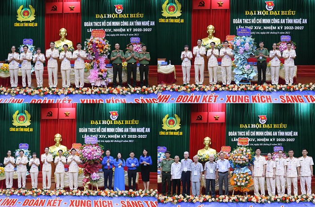 Đại diện Lãnh đạo Công an tỉnh, Đoàn Thanh niên Bộ Công an, Ban Thường vụ Tỉnh đoàn Nghệ An và các thế hệ cán bộ đoàn chủ chốt Công an Nghệ An qua các thời kỳ tặng lẵng hoa chúc mừng Đại hội