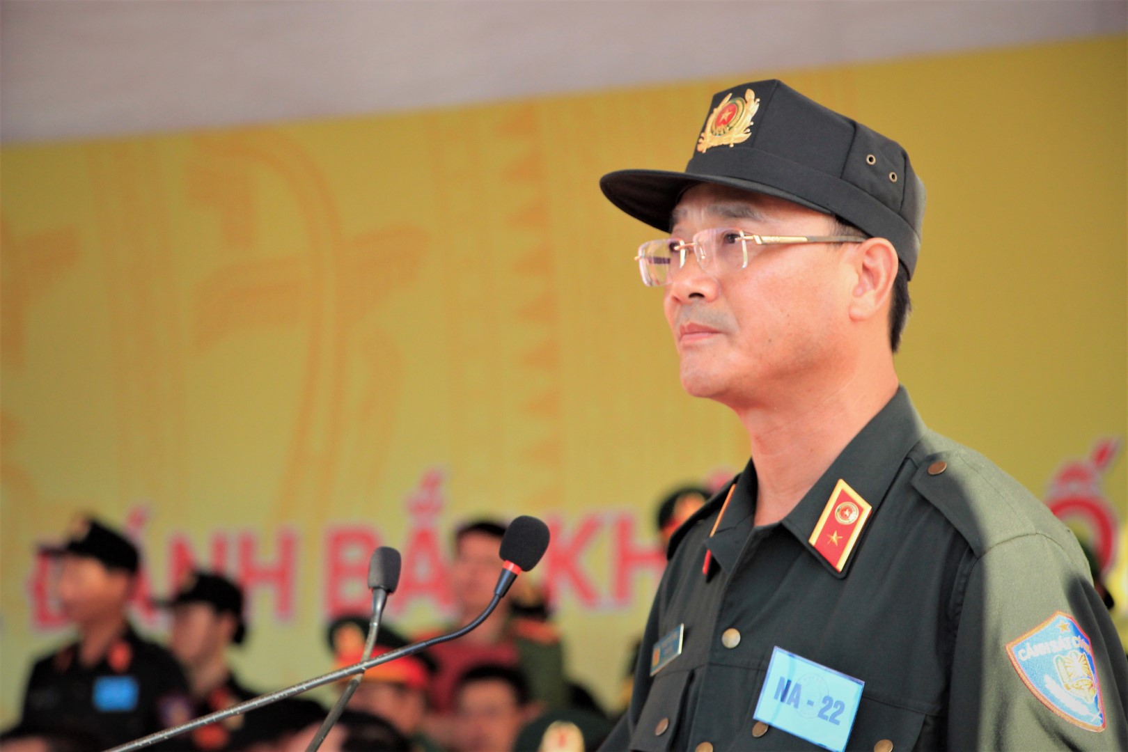 Đồng chí Thiếu tướng Phạm Thế Tùng - Ủy viên Ban Thường vụ Tỉnh ủy - Giám đốc Công an tỉnh Nghệ An phát biểu tại buổi diễn tập