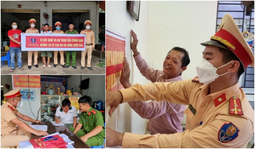 Cảnh sát giao thông tuyên truyền, vận động chủ các nhà hàng, quán nhậu ký cam kết về chấp hành luật phòng, chống tác hại của rượu bia, nhắc nhở khách đã uống rượu, bia thì không lái xe