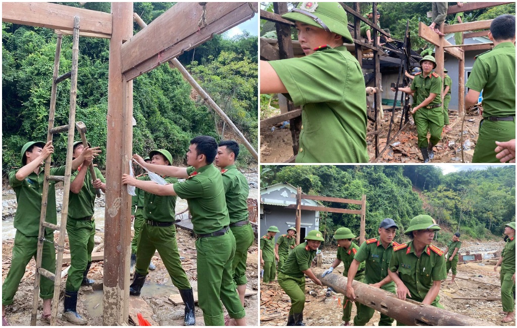 Cán bộ, chiến sỹ tháo dỡ ngôi nhà có nguy cơ bị sạt lở và vận chuyển vật liệu đến nơi an toàn