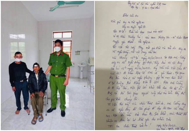 Công an xã Nghi Đồng bàn giao cụ Viện về với gia đình và thư cảm ơn được gia đình cụ Viện gửi tới Công an xã 