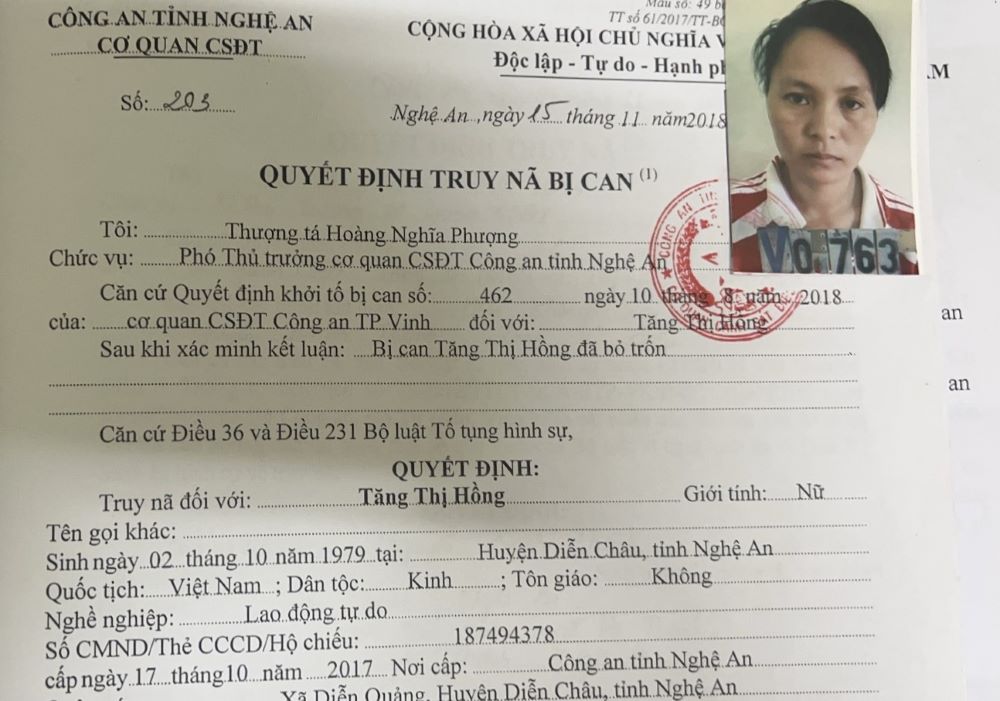 Truy nã bị can Tăng Thị Hồng