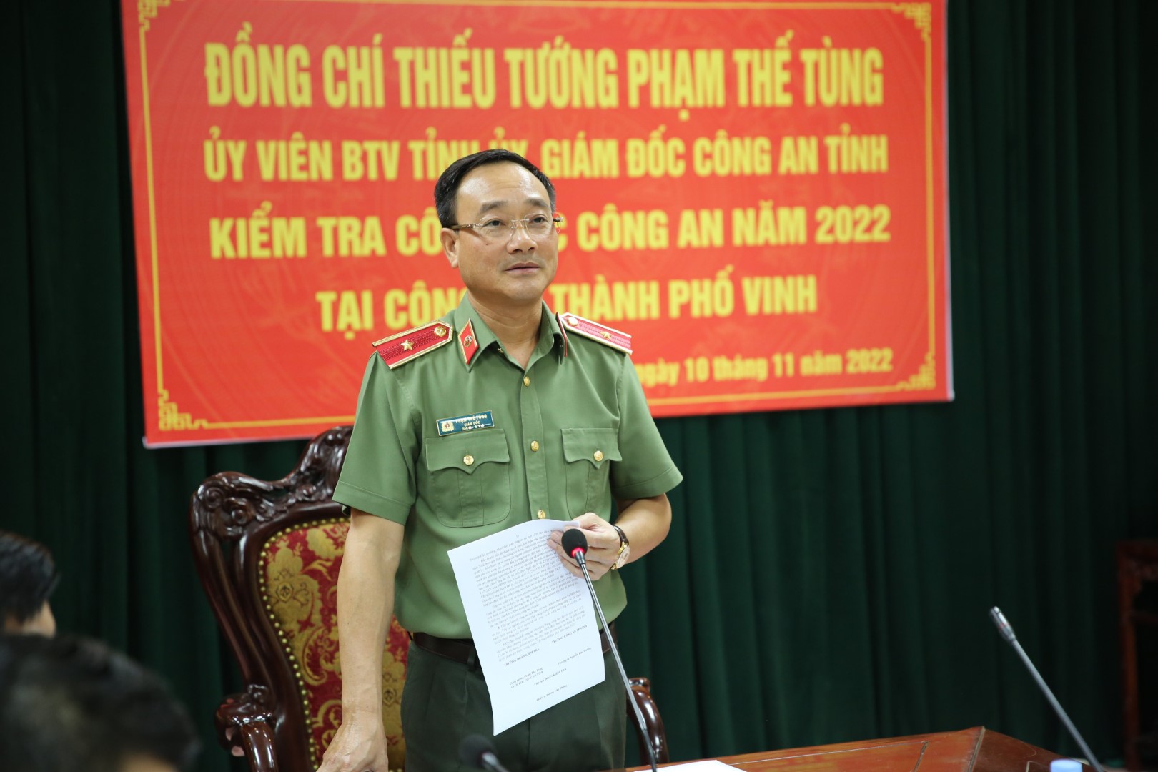 Đồng chí Thiếu tướng Phạm Thế Tùng - Giám đốc Công an tỉnh phát biểu tại buổi kết luận kiểm tra