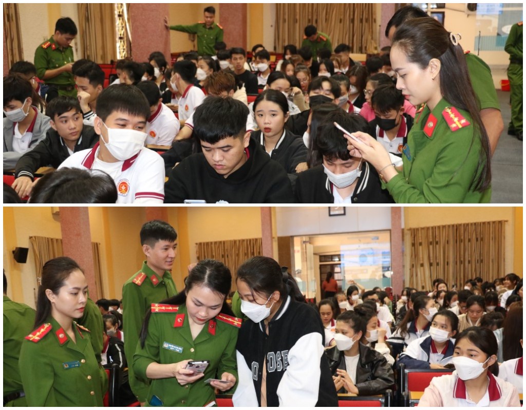 Cán bộ Công an hướng dẫn sinh viên cài đặt định danh điện tử mức 1 trên điện thoại thông minh của mình