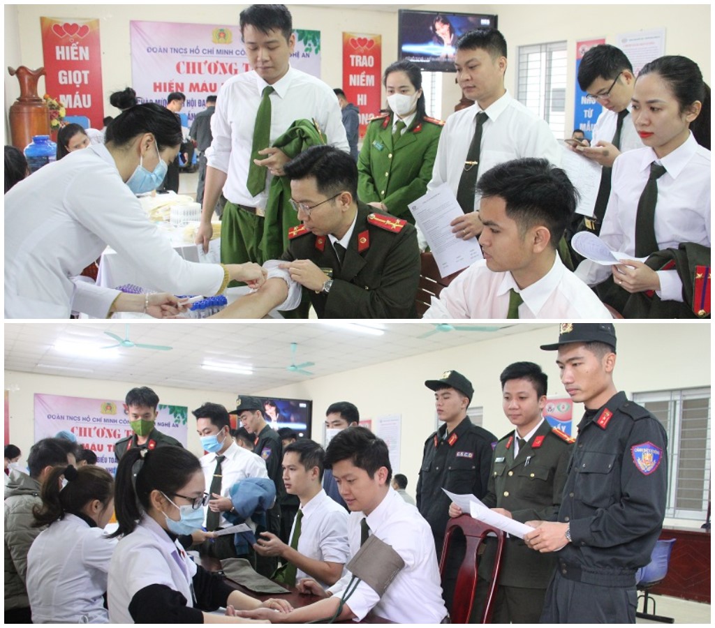 Các cán bộ, chiến sĩ được đội ngũ y tế tiến hành khám sàng lọc, đo huyết áp đảm bảo đủ điều kiện trước khi hiến máu