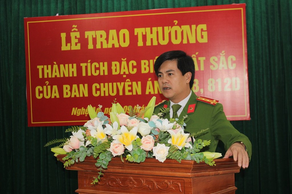 Đồng chí Đại tá Nguyễn Đức Hải - Phó Giám đốc, Thủ trưởng cơ quan Cảnh sát điều tra Công an tỉnh phát biểu tại Lễ trao thưởng