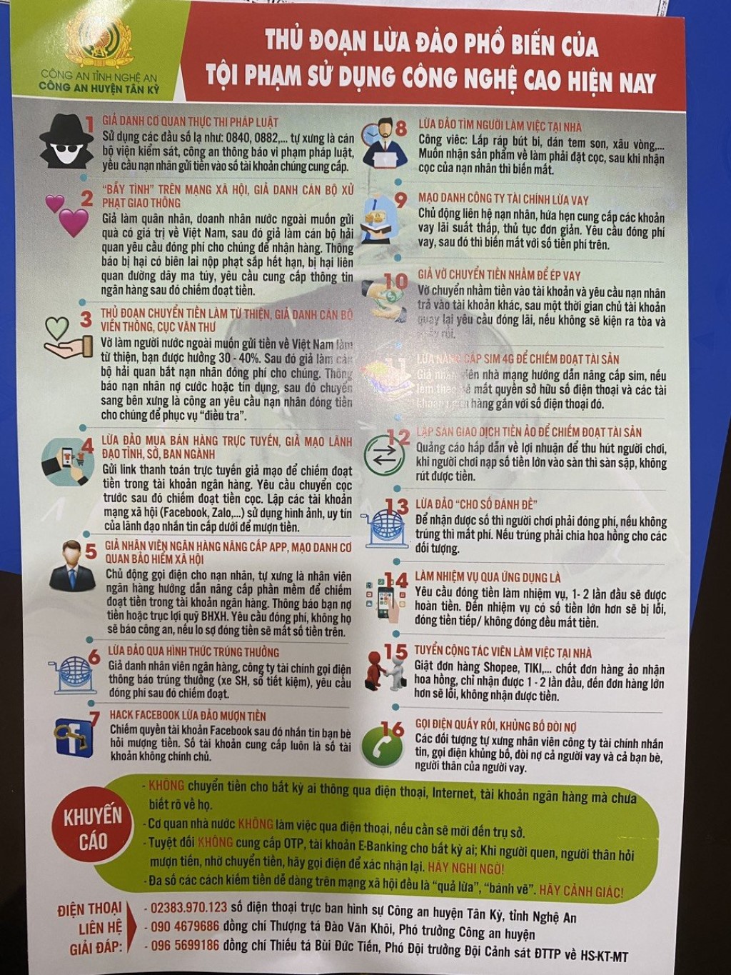 Tờ rơi tuyên truyền về thủ đoạn tội phạm sử dụng công nghệ cao mà Công an xã Nghĩa Phúc tuyên truyền tới người dân