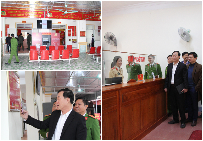Các đại biểu tham quan Bộ phận một cửa Công an cấp huyện kiểu mẫu Công an huyện Hưng Nguyên