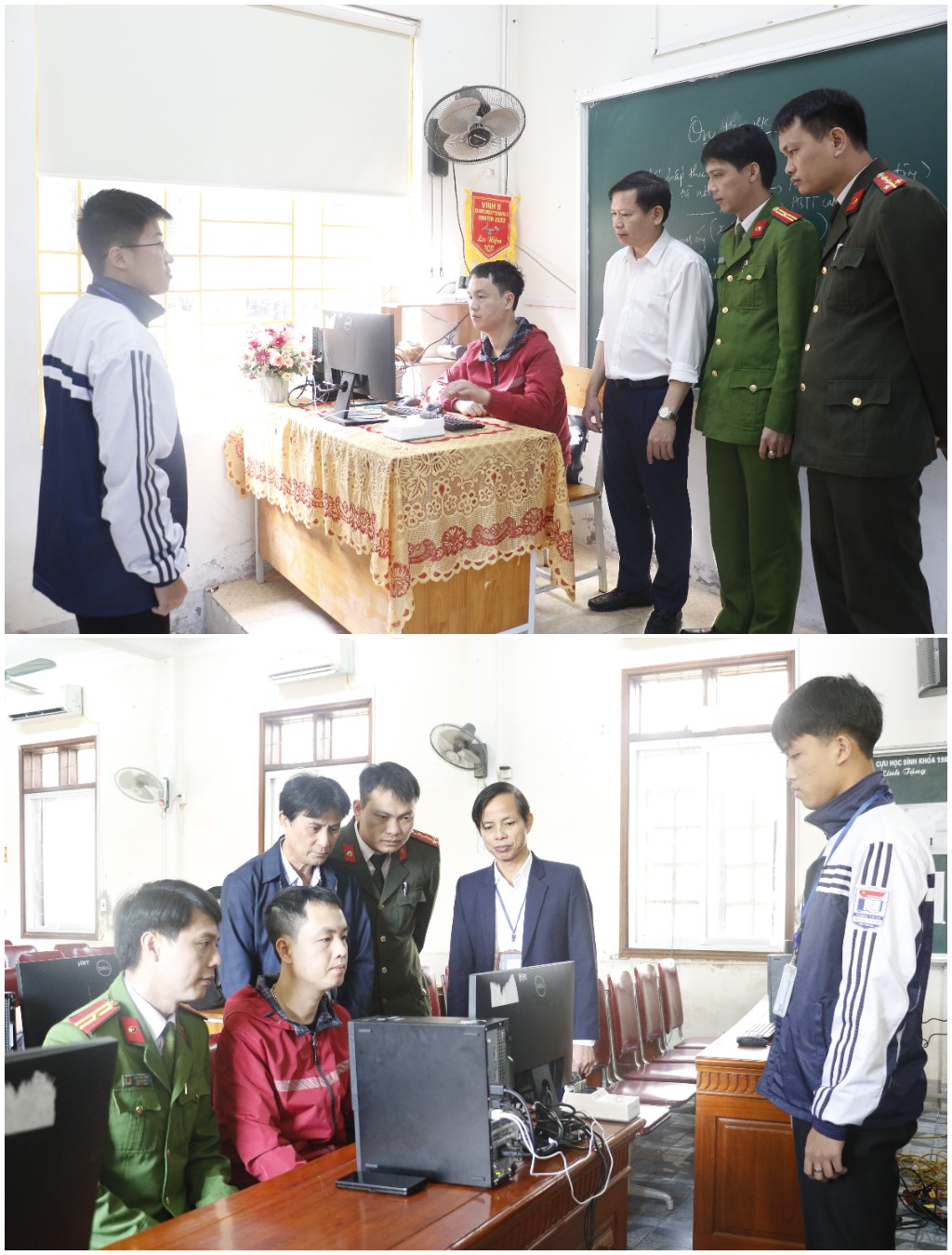 Cán bộ Cục Quản lý hành chính về trật tự xã hội Bộ Công an phối hợp với Công an tỉnh Nghệ An, Sở GD&ĐT lắp đặt, thí điểm triển khai 06 máy chống gian lận trong thi cử tại Trường THPT Hà Huy Tập (thành phố Vinh, Nghệ An)