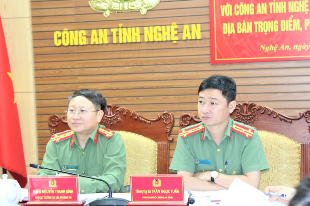 Đồng chí Đại tá Nguyễn Thanh Bình, Phó Cục trưởng Cục Xây dựng phong trào bảo vệ An ninh Tổ quốc, Bộ Công an và Đồng chí Thượng tá Trần Ngọc Tuấn, Phó Giám đốc Công an tỉnh chủ trì buổi làm việc