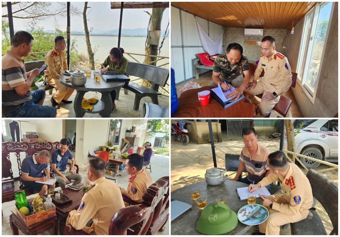 Cán bộ CSGT đường thuỷ Phòng CSGT Công an Nghệ An làm việc với các chủ phương tiện vi phạm về an toàn giao thông đường thuỷ