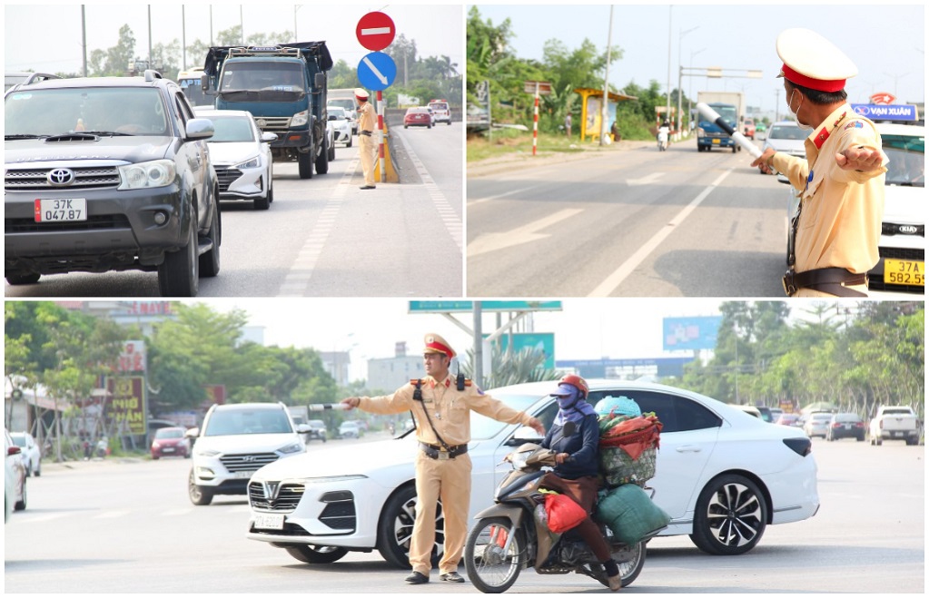 100% Cảnh sát giao thông túc trực, bảo đảm an toàn giao thông dịp lễ (Trong ảnh: Công an thành phố Vinh tăng cường cán bộ Cảnh sát giao thông để phân luồng, điều tiết giao thông)