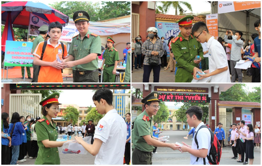 Đoàn thanh niên Công an tỉnh hỗ trợ nước uống miễn phí cho các thí sinh