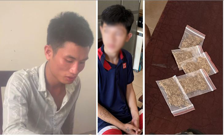 Đối tượng Sầm Văn Thành (trái) và Vi Văn Hiệp bị CSGT Công an huyện Quỳ Hợp bắt quả tang về hành vi tàng trữ trái phép chất ma túy