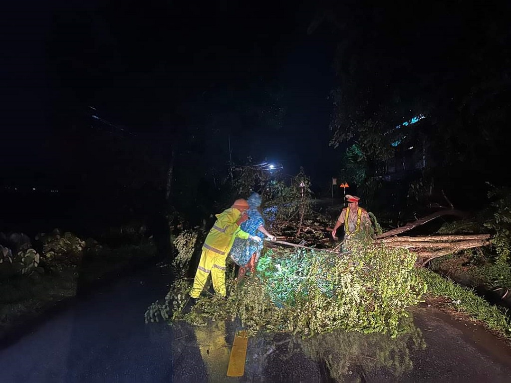 Lực lượng Cảnh sát giao thông dọn dẹp cây cối, đảm bảo giao thông thông suốt