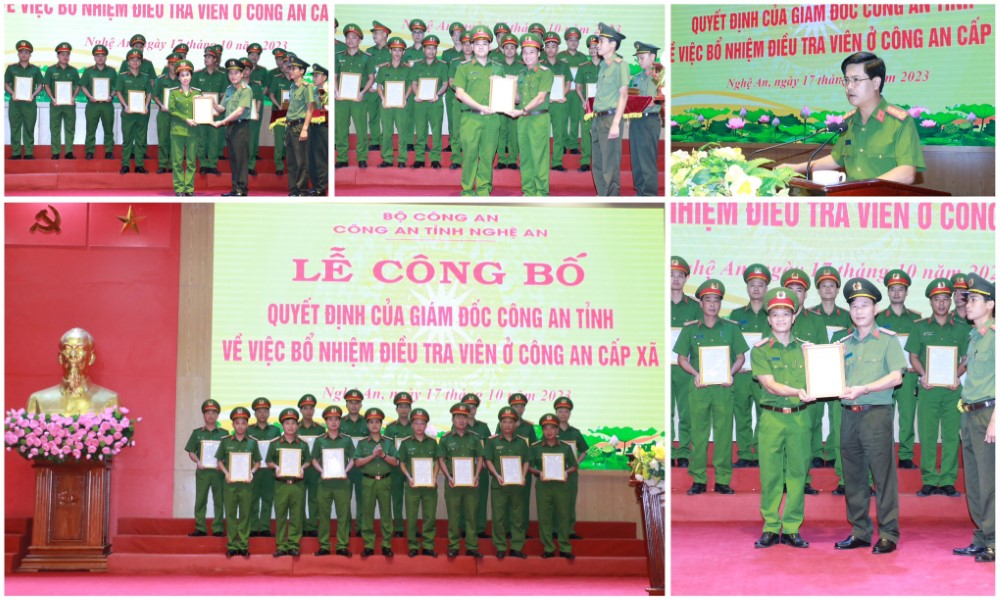 Các đồng chí Phó Giám đốc Công an tỉnh trao quyết định bổ nhiệm điều tra viên ở Công an cấp xã đối với 89 đồng chí