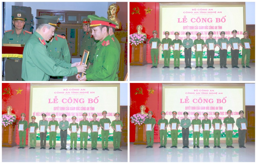 Đồng chí Đại tá Trần Hồng Quang - Phó Giám đốc Công an tỉnh trao quyết định điều động 26 đồng chí công tác tại các đơn vị trực thuộc Bộ Công an đến nhận công tác tại 26 xã biên giới thuộc 06 huyện biên giới tỉnh Nghệ An