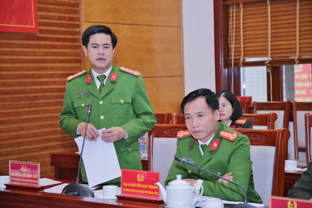Đồng chí Đại tá Nguyễn Đức Hải, Phó Bí thư Đảng ủy, Phó Giám đốc Công an tỉnh phát biểu