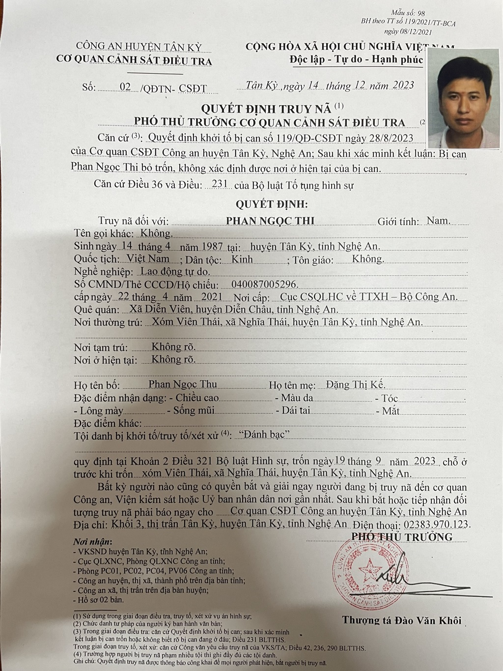 Quyết định truy nã Phan Ngọc Thi