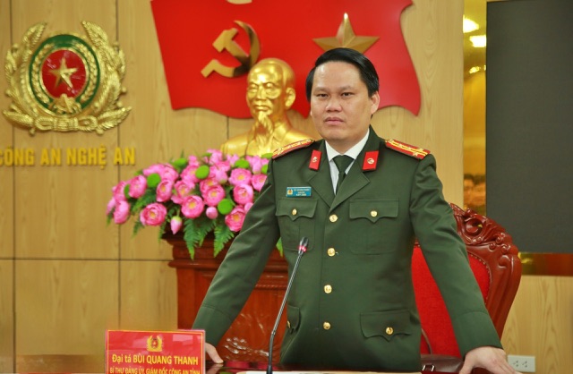 Đồng chí Đại tá Bùi Quang Thanh, Bí thư Đảng ủy, Giám đốc Công an tỉnh phát biểu chỉ đạo tại buổi làm việc