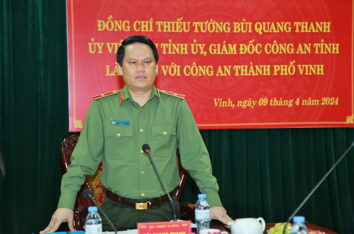 Đồng chí Thiếu tướng Bùi Quang Thanh, Ủy viên Ban Thường vụ Tỉnh ủy, Bí thư Đảng ủy, Giám đốc Công an tỉnh phát biểu chỉ đạo