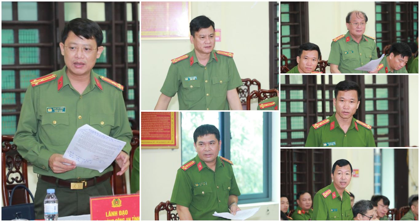 Lãnh đạo các phòng Công an tỉnh và lãnh đạo Công an thị xã Cửa Lò phát biểu tại hội nghị