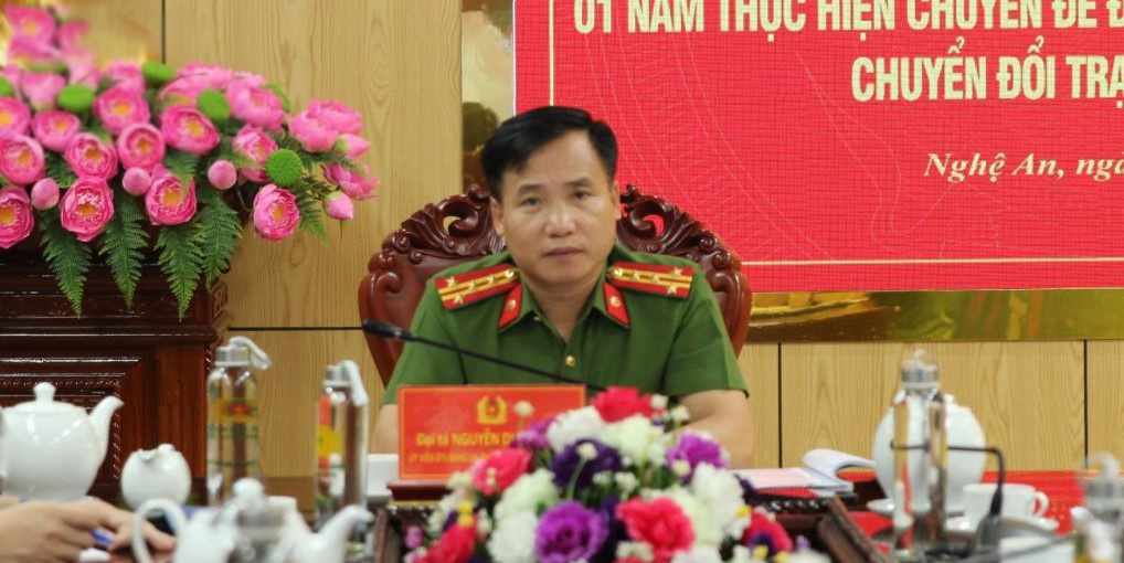 Đồng chí Đại tá Nguyễn Duy Thanh, Phó Giám đốc Công an tỉnh chủ trì Hội nghị tại điểm cầu Công an tỉnh Nghệ An