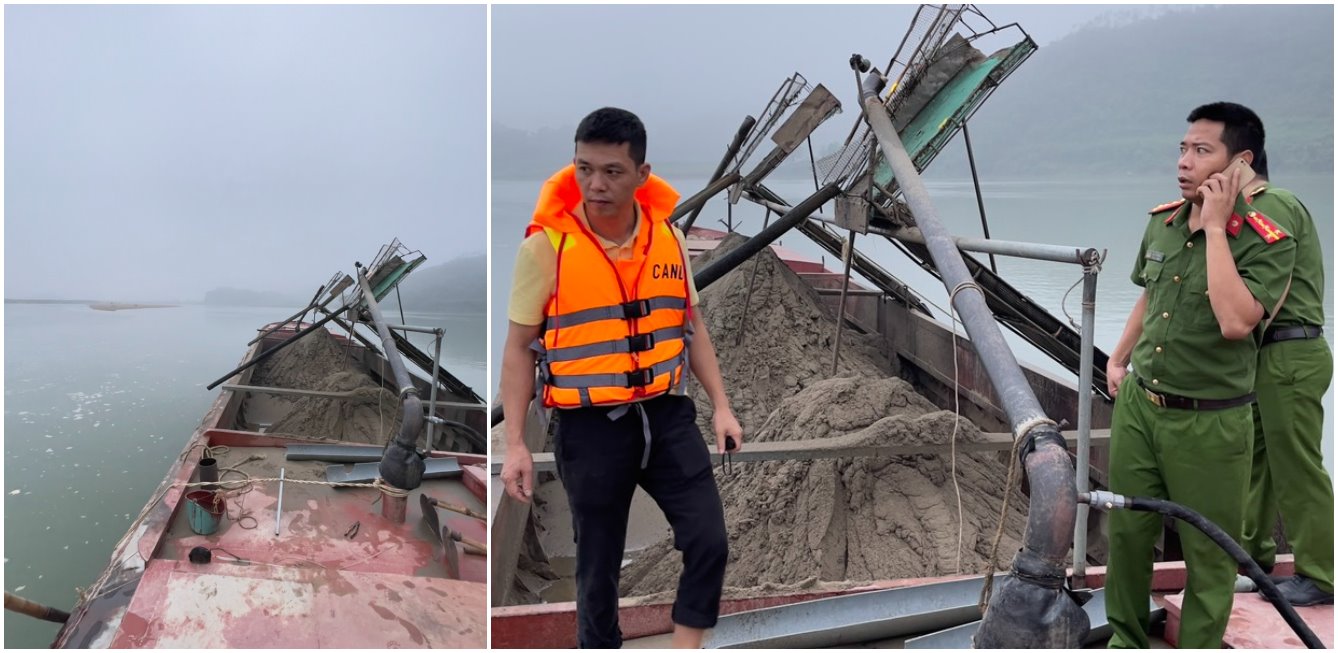 Lực lượng Công an phát hiện 02 thuyền khai thác cát trái phép trên sông Lam