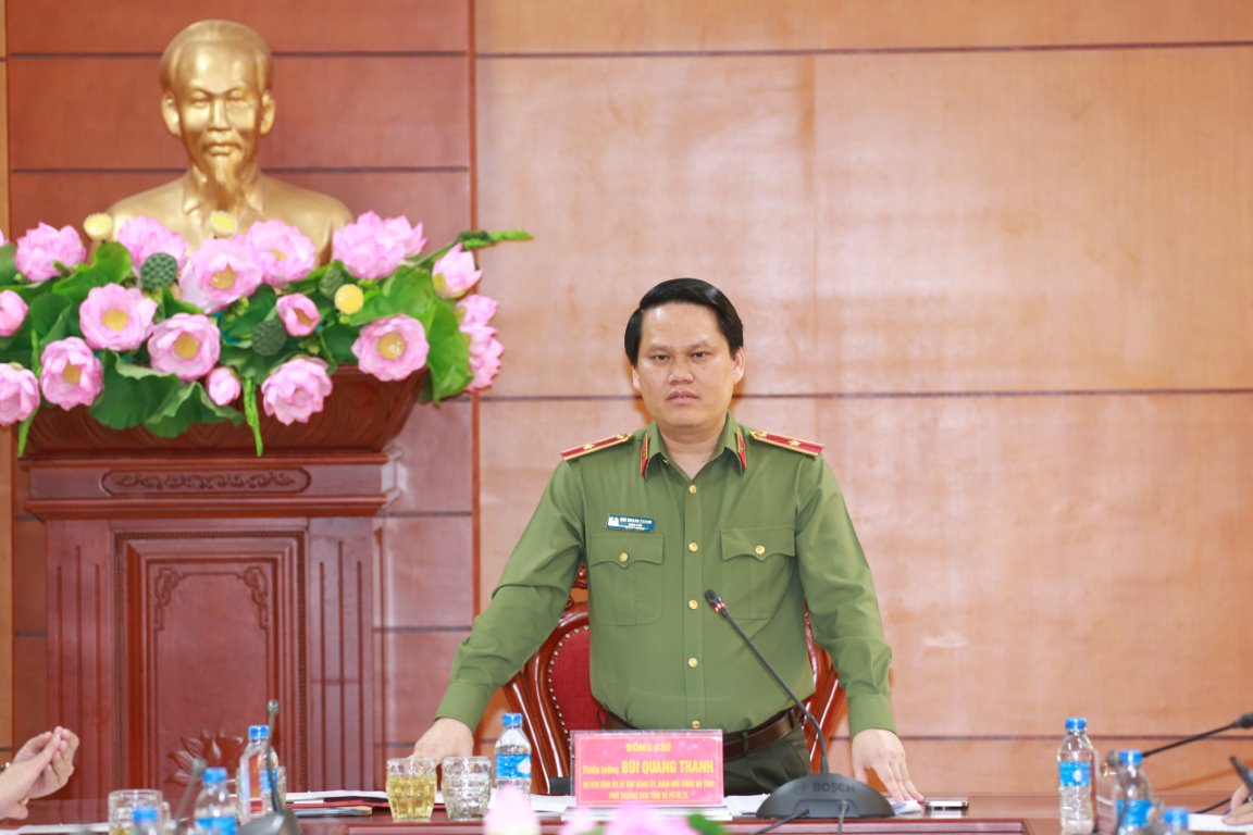 Đồng chí Thiếu tướng Bùi Quang Thanh, Ủy viên Ban Thường vụ Tỉnh ủy, Bí thư Đảng ủy, Giám đốc Công an tỉnh, Trưởng Đoàn kiểm tra phát biểu