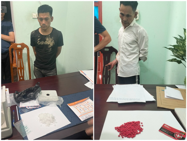   02 đối tượng Trần Văn Tuấn (trái) và Nguyễn Khánh Thạc cùng tang vật chuyên án