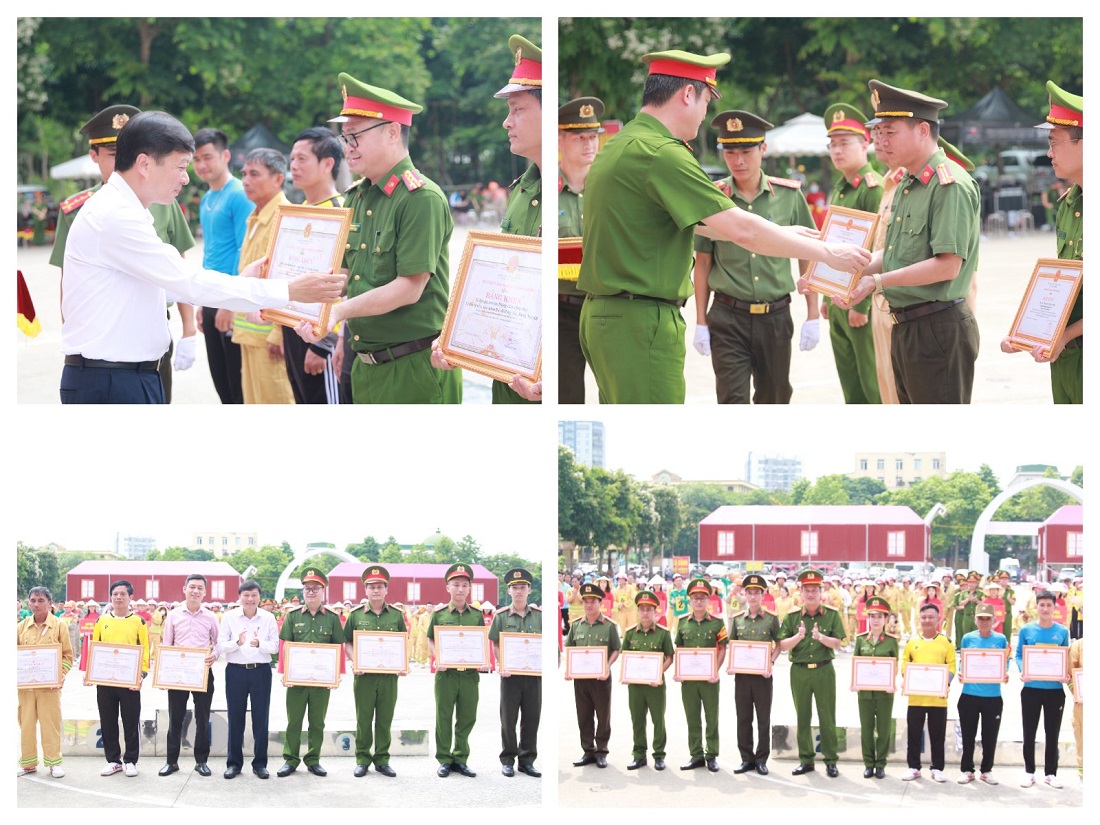 Ban Tổ chức cũng đã trao Bằng khen, Giấy khen cho các tập thể, cá nhân có thành tích xuất sắc trong triển khai, tổ chức Hội thi nghiệp vụ chữa cháy và CNCH “Tổ liên gia an toàn PCCC” tỉnh Nghệ An, năm 2024