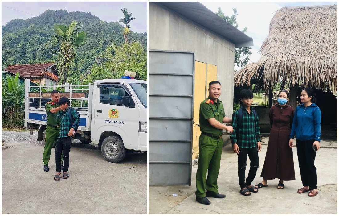 Công an xã Môn Sơn và tổ chức đoàn thể địa phương đến tận nhà đón em Lê Văn Cường đến điểm thi