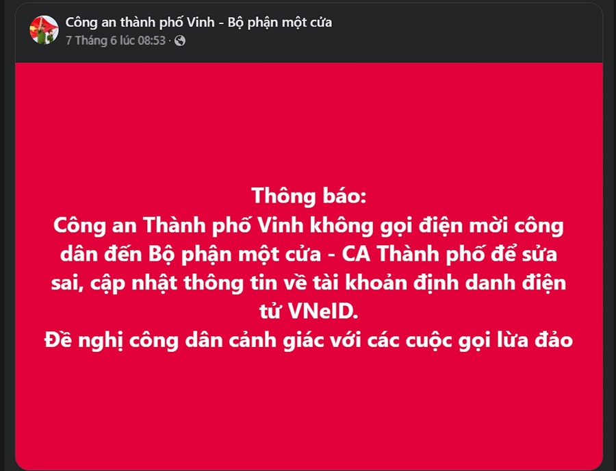 Công an thành phố Vinh đăng thông báo cảnh giác các cuộc gọi lừa đảo của kẻ gian tới người dân