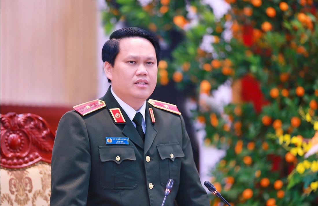 Đồng chí Thiếu tướng Bùi Quang Thanh, Ủy viên Ban Thường vụ Tỉnh ủy, Bí thư Đảng ủy, Giám đốc Công an tỉnh phát biểu tại Lễ trao thưởng