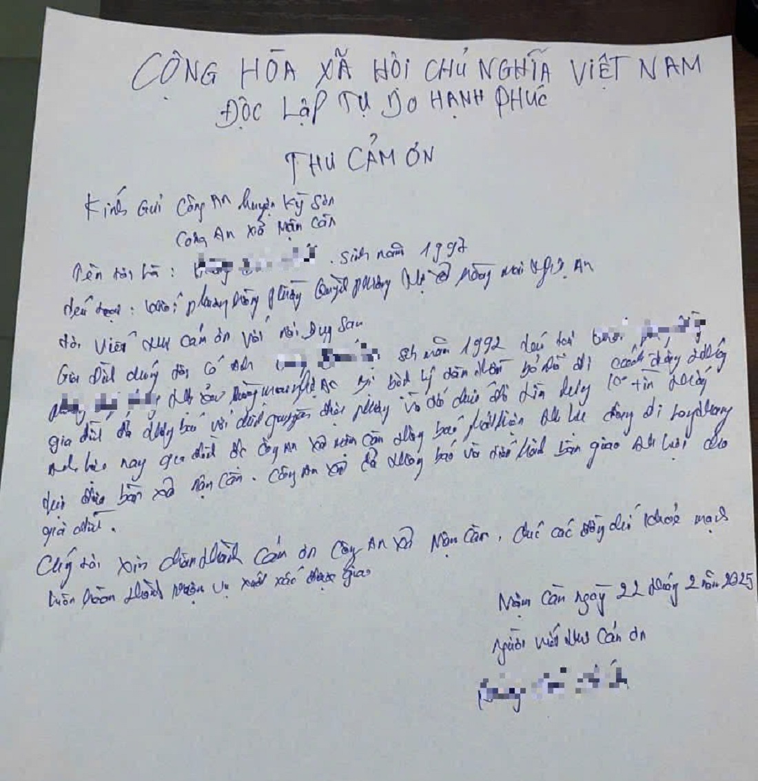 Thư cảm ơn của gia đình anh L.